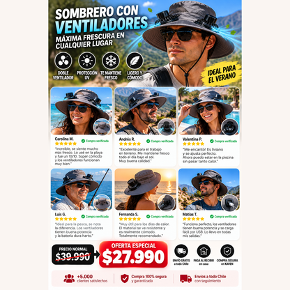 Sombrero con ventiladores para playa, trekking y trabajo al sol