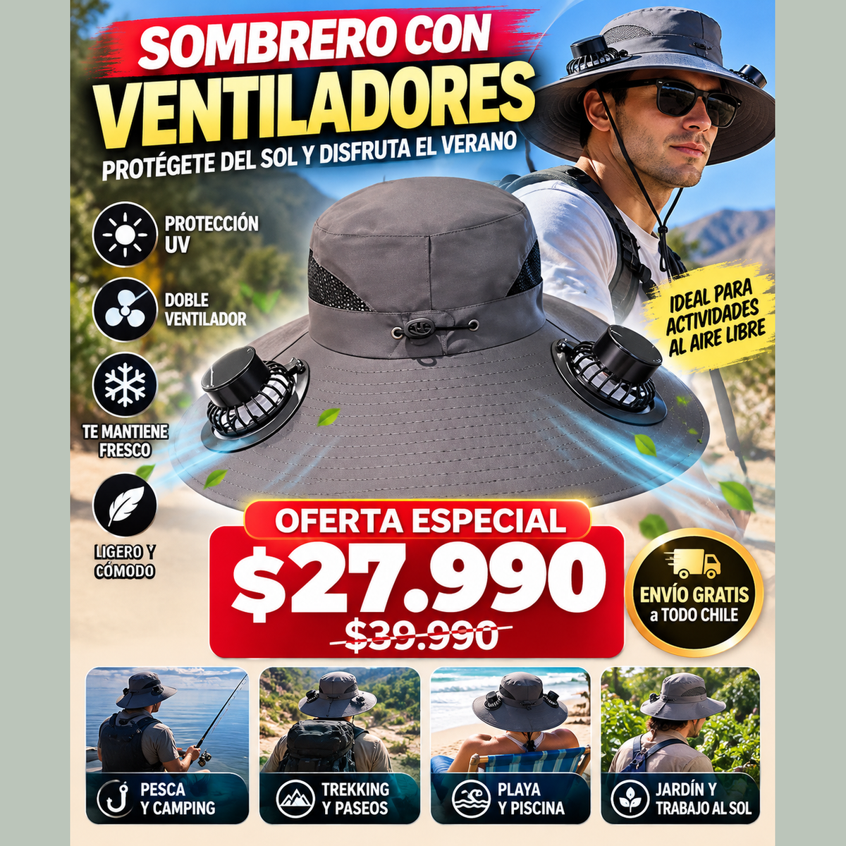 Sombrero con ventilador solar recargable USB