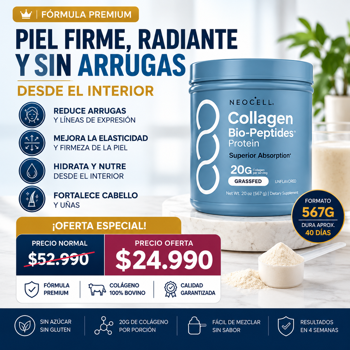 Envase de colágeno NeoCell Bio-Peptides para tu rutina diaria