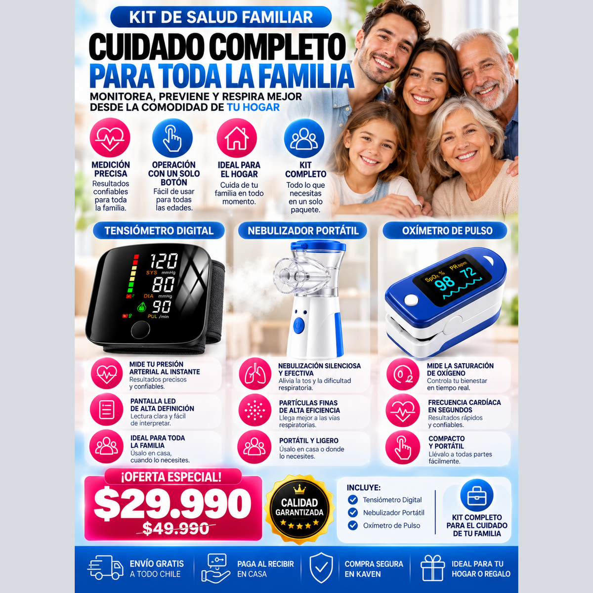 Kit de Salud Familiar 3 en 1: tensiómetro, nebulizador y oxímetro