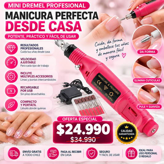 Mini torno eléctrico para uñas con puntas y lijas intercambiables