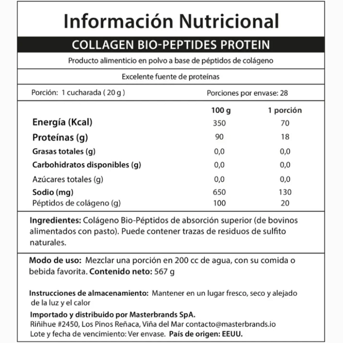 Información nutricional del colágeno NeoCell: 20 g de colágeno por porción