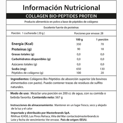 Información nutricional del colágeno NeoCell: 20 g de colágeno por porción
