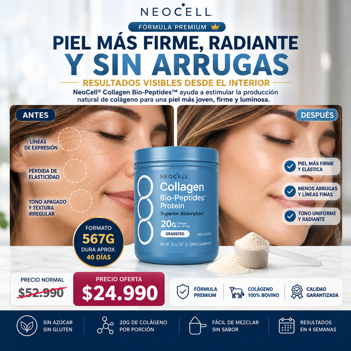 Colágeno hidrolizado NeoCell Bio-Peptides 567 g sin sabor