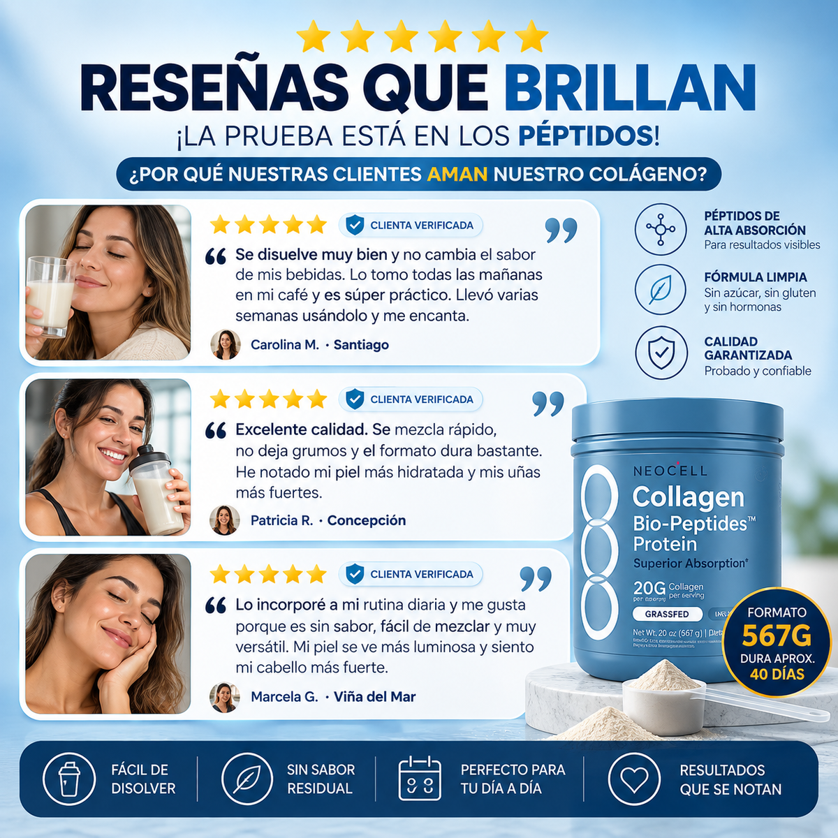 Colágeno NeoCell en polvo sin sabor para mezclar en bebidas