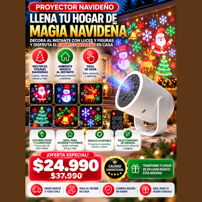 Proyector navideño LED proyectando figuras en la fachada
